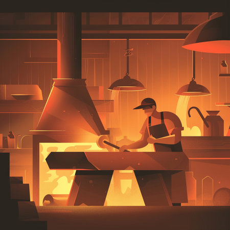 Vector illustration of a man working in a steel mill. Industrial background.の素材