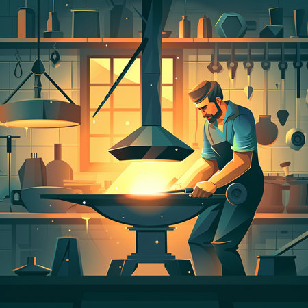 Blacksmith working on anvil at forge, cartoon vector illustrationの素材