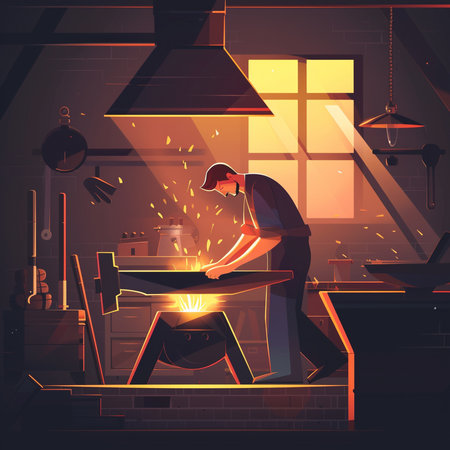 Vector illustration of a blacksmith at work in a blacksmith's workshopの素材