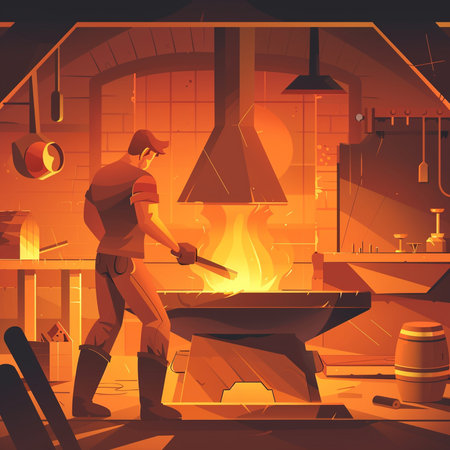 Blacksmith in a blacksmith's workshop. Vector illustration.の素材