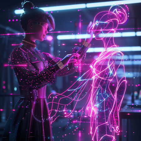 Futuristic woman in a futuristic interior with neon lights. 3D renderingの素材