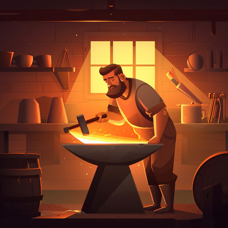 Blacksmith working on anvil in workshop, cartoon vector illustrationの素材