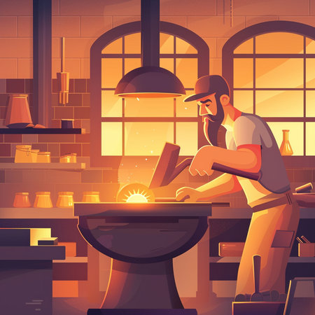 Handsome man working on the blacksmith table. Vector illustrationの素材
