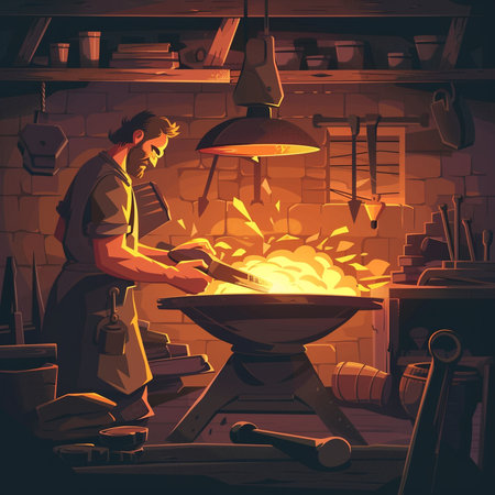 Illustration of a blacksmith working in his forge. Vector illustration.の素材