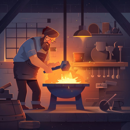 Blacksmith at work in his forge. Vector illustration in cartoon styleの素材