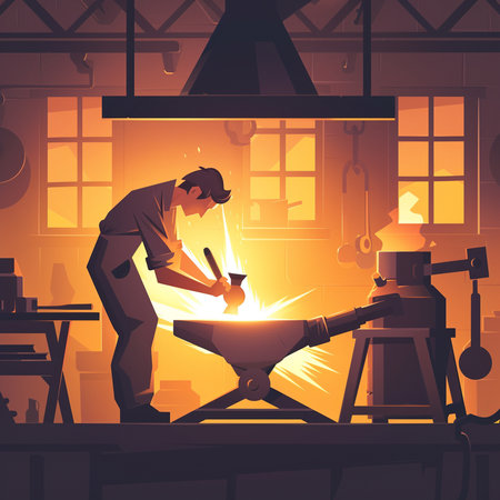 Blacksmith at work with a hammer and anvil. Vector illustrationの素材