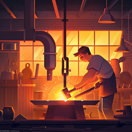 Vector illustration of a man working at the blacksmith's workshop.の素材