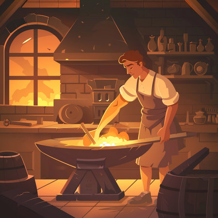 Blacksmith making horseshoe at forge, cartoon vector illustration.の素材