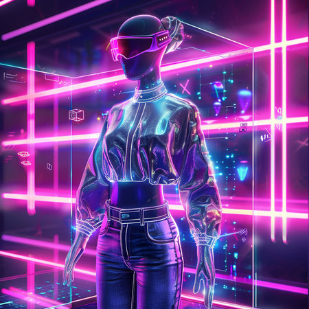 3D rendering of a male cyborg in futuristic background with neon lightsの素材