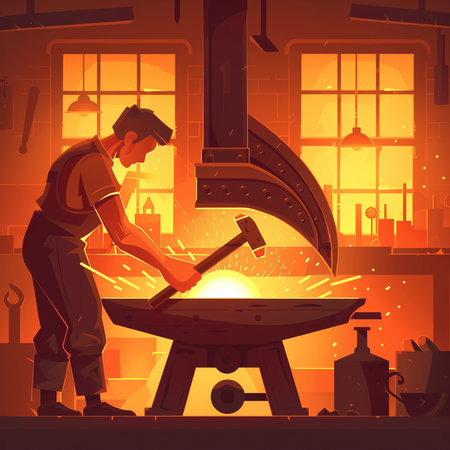Blacksmith at work. Vector illustration in flat style. Blacksmith at work.の素材