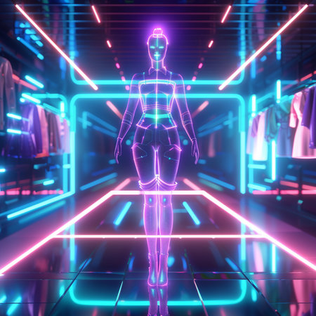 3D rendering of a female robot on a futuristic background with neon lightsの素材