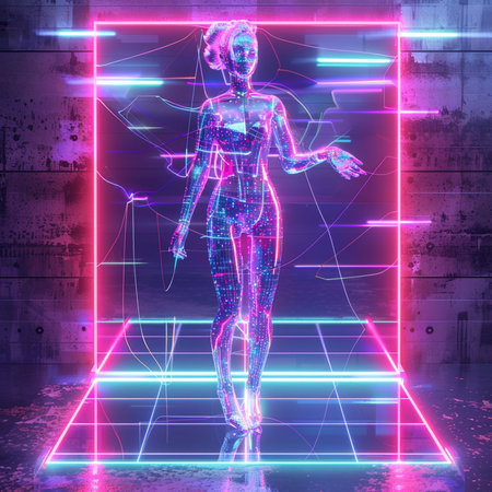 Futuristic female robot with glowing neon wireframe. 3D renderingの素材