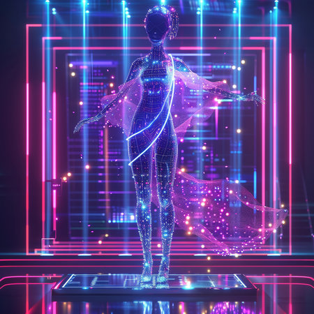 3d rendering of a female cyborg with neon lights in the backgroundの素材