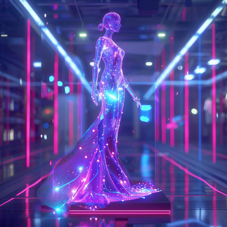 3d rendering of a female figure in a futuristic interior with neon lightの素材