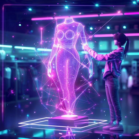Young woman looking at hologram of female body. Future technology concept. Double exposureの素材