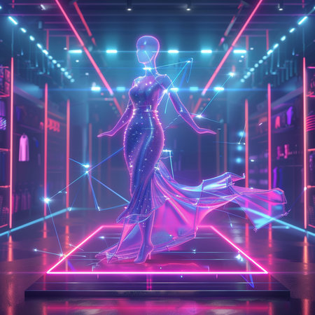 3d rendering of a female figure in a futuristic interior with neon lightsの素材