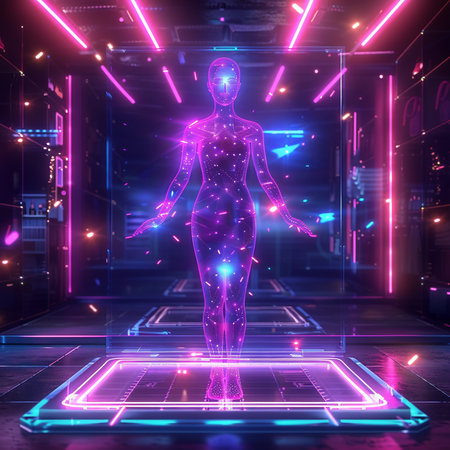 3d rendering of holographic human figure with neon lights in the backgroundの素材