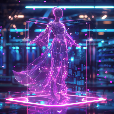 3d rendering of a hologram of a woman in a beautiful dress standing on a podiumの素材