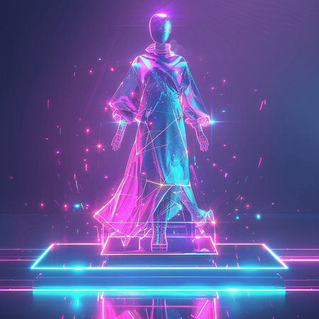 3d rendering of a holographic man on a pedestal with neon lightsの素材