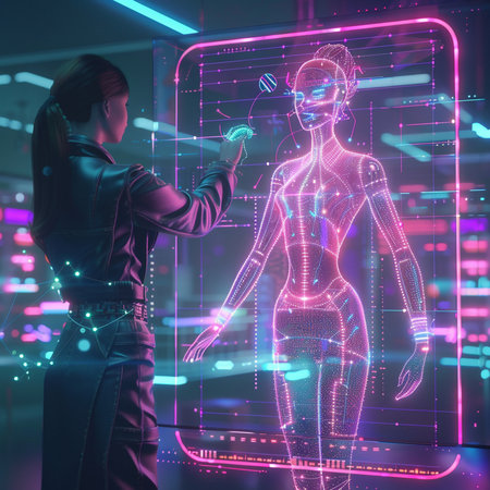 Futuristic female cyborg touching hologram screen. 3D Renderingの素材