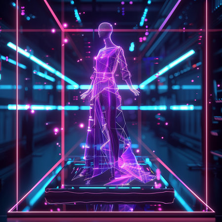 3d rendering of a human figure in a futuristic space with neon lightsの素材