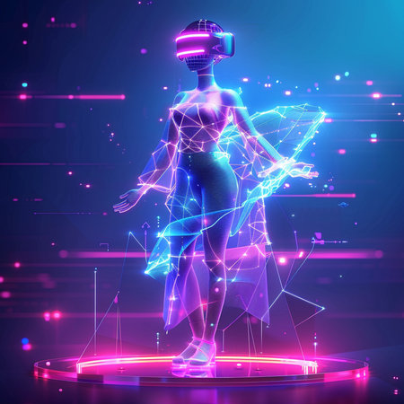 3d rendering of a female figure wearing virtual reality glasses with hologramの素材