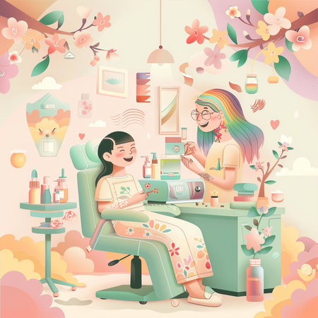 Beauty salon. Girl doing manicure. Vector illustration in cartoon styleの素材