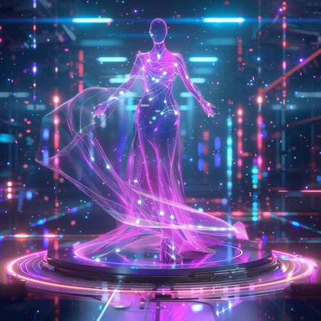 3d rendering of a female figure with neon lights on a nightclub stageの素材