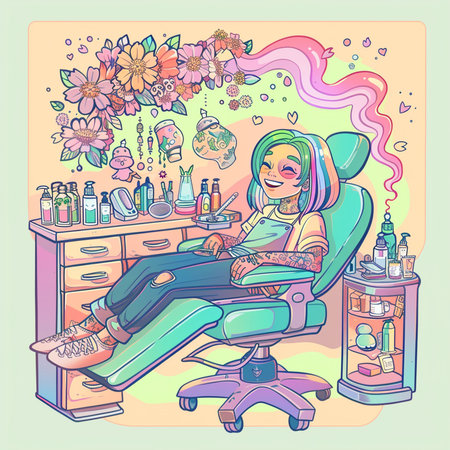 Beauty salon. Hand drawn illustration of a woman sitting in a chair in the beauty salon.の素材