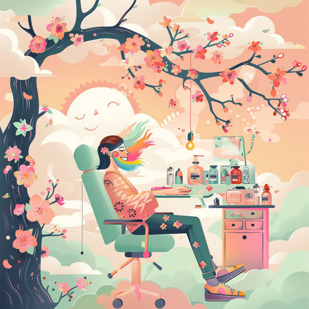 Beautiful girl sitting on a chair in the garden. Vector illustrationの素材