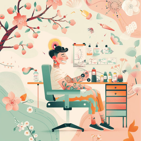 Beauty salon. Vector illustration of a woman sitting in a chair in a beauty salon.の素材