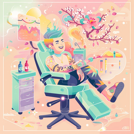 Hipster man sitting in chair and playing guitar. Vector illustrationの素材