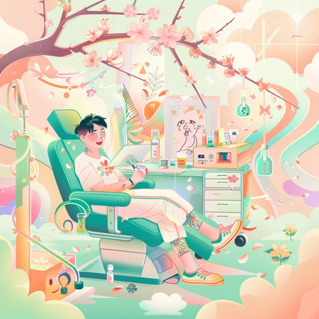 Vector illustration of a man sitting in a dental chair in a beauty salonの素材