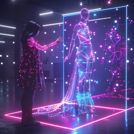 Woman and man standing in futuristic room with neon lights. Future concept. 3D Renderingの素材
