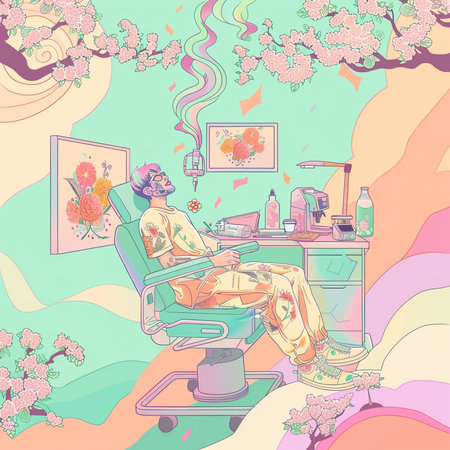 Illustration of a young man sitting in a chair in a beauty salonの素材