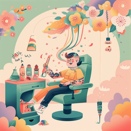 Vector illustration of a young man sitting in a chair in a beauty salonの素材