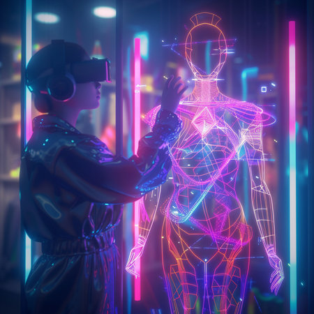 3d rendering of a female cyborg wearing virtual reality goggles in a futuristic spaceの素材