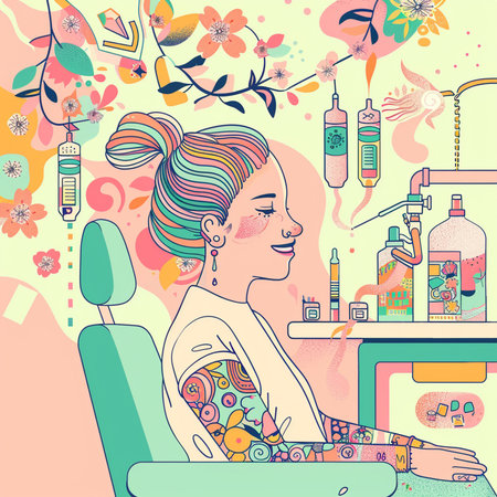 Beauty salon. Hand drawn vector illustration of a beautiful young woman with tattoo.の素材