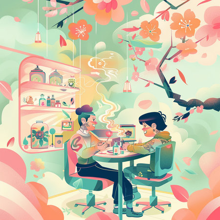 Coffee shop with cherry blossom in spring season. Vector illustrationの素材