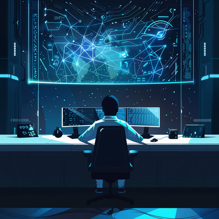 Vector illustration of a girl sitting at the desk in front of the computer and looking at the world mapの素材
