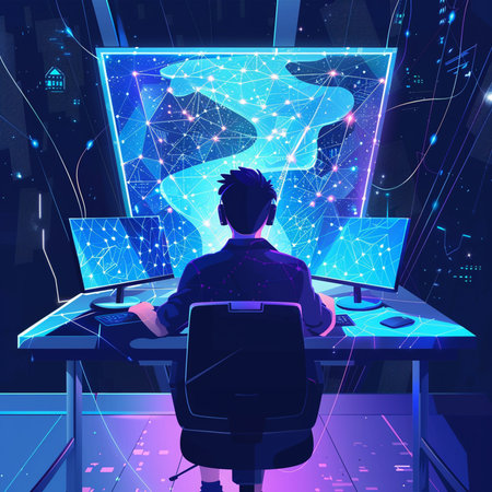 Vector illustration of a cyber security agent in front of a computer monitor.の素材