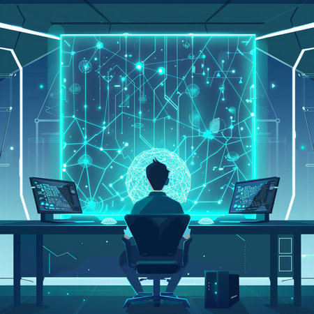 Cyber security concept. Man sitting in front of the computer monitor and looking at the network. Vector illustrationの素材