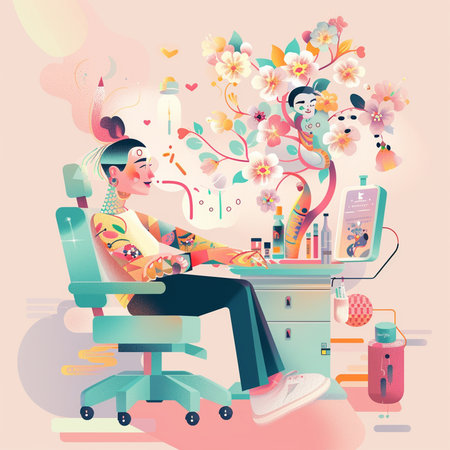 Young woman sitting in a chair in a beauty salon. Vector illustrationの素材