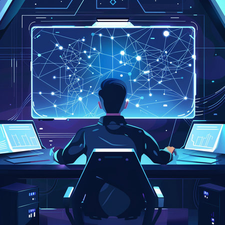 Vector illustration of a man sitting in front of a computer monitor.の素材