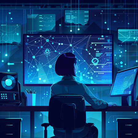 Back view of young man sitting in front of computer monitors and working at office. Vector illustrationの素材
