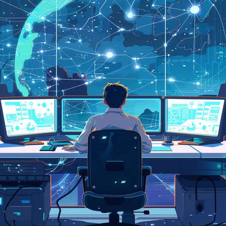 Vector illustration of a man in front of monitors at night. The concept of the internet of things.の素材