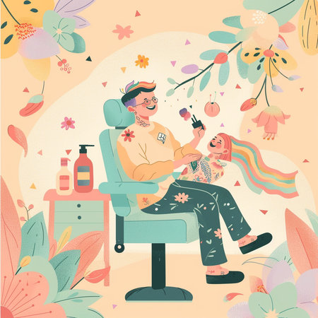 Vector illustration of a man in a barbershop with a girl.の素材