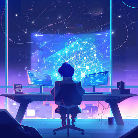 Back view of young man sitting at the table in front of computer monitors, vector illustrationの素材