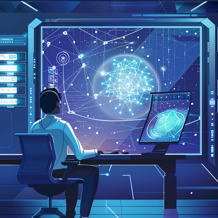 Cyber security concept. Man in headset working with computer in server room. Vector illustrationの素材
