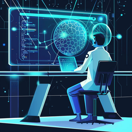 Man working at the computer. Artificial intelligence concept. Vector illustration.の素材